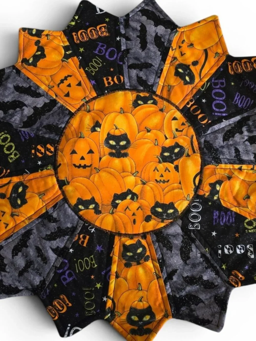 Halloween Handmade Quilted Table Topper Black Cat & Bats Reversible Centerpiece
